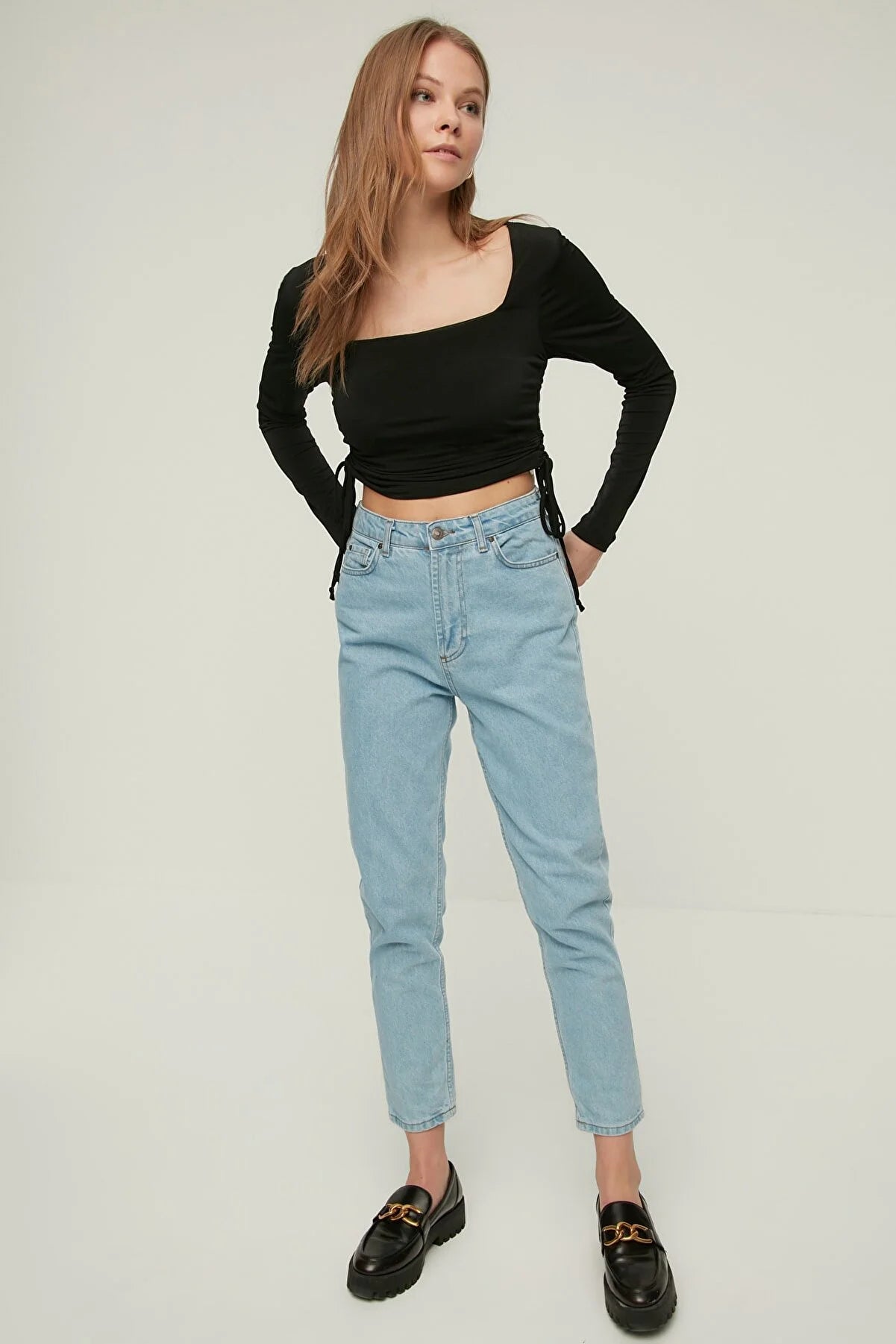 Black Square Collar Pleated Knitted Blouse