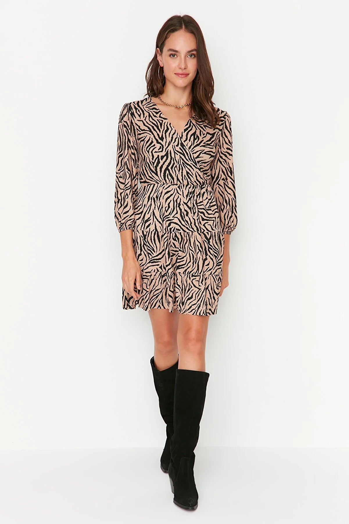 Brown Leopard Patterned Double Breasted Knitted Dress