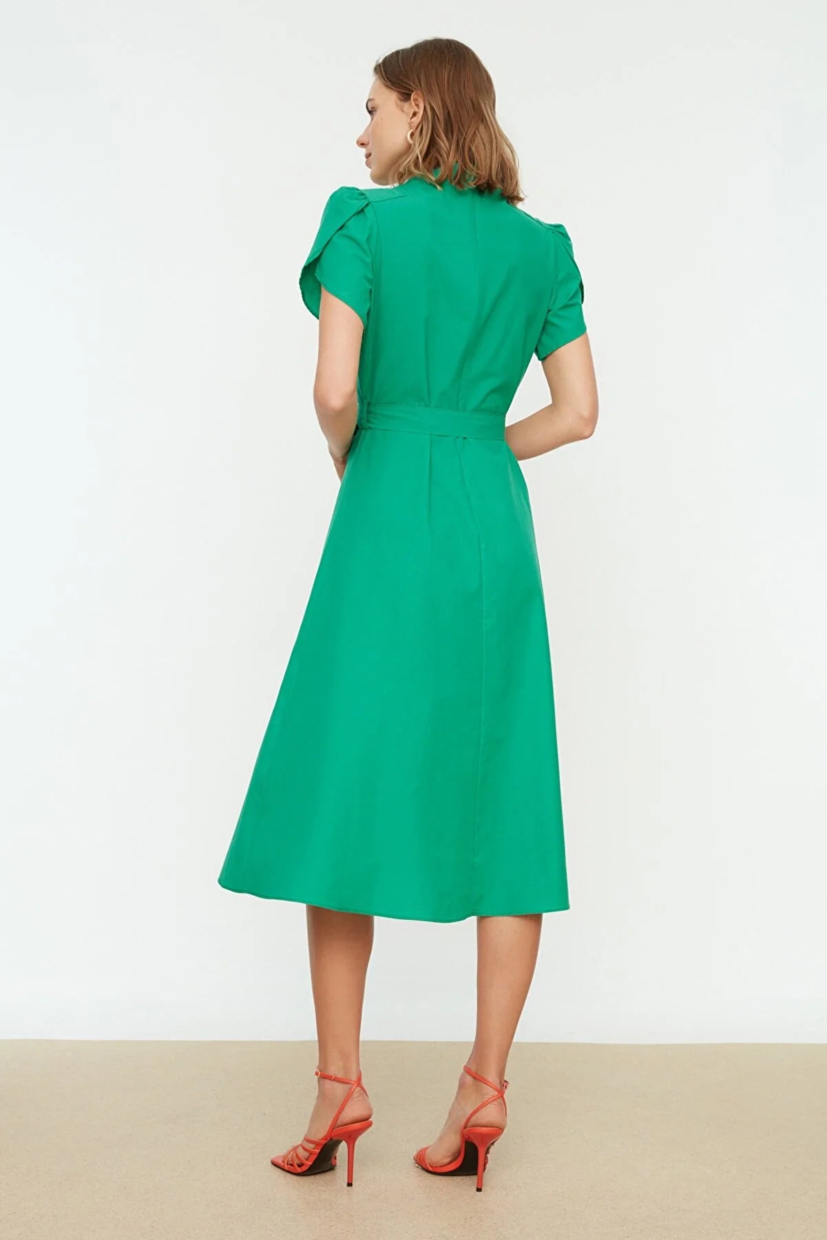 Green Belted Sleeve Detailed Dress