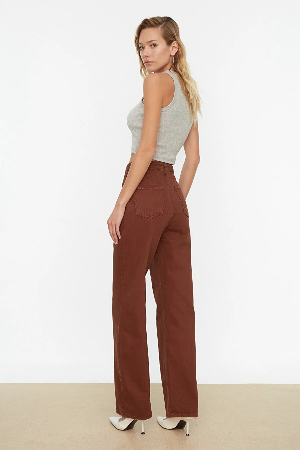 Brown Pocket Detailed High Waist Wide Leg Jeans