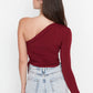 Claret Red One Sleeve Tie Detailed Fitted Knitted Blouse