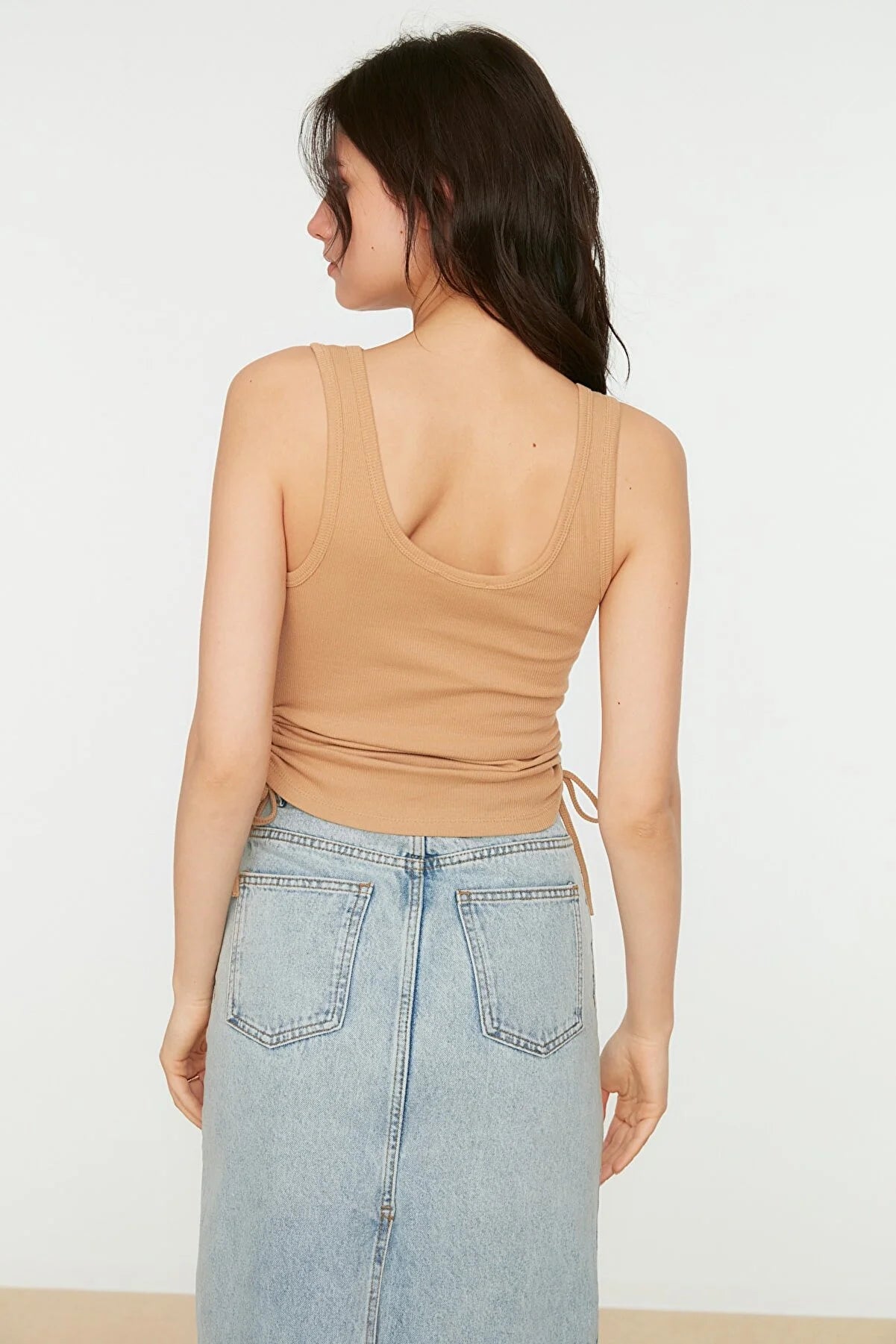 Camel Shirred Detailed Knitted Singlet