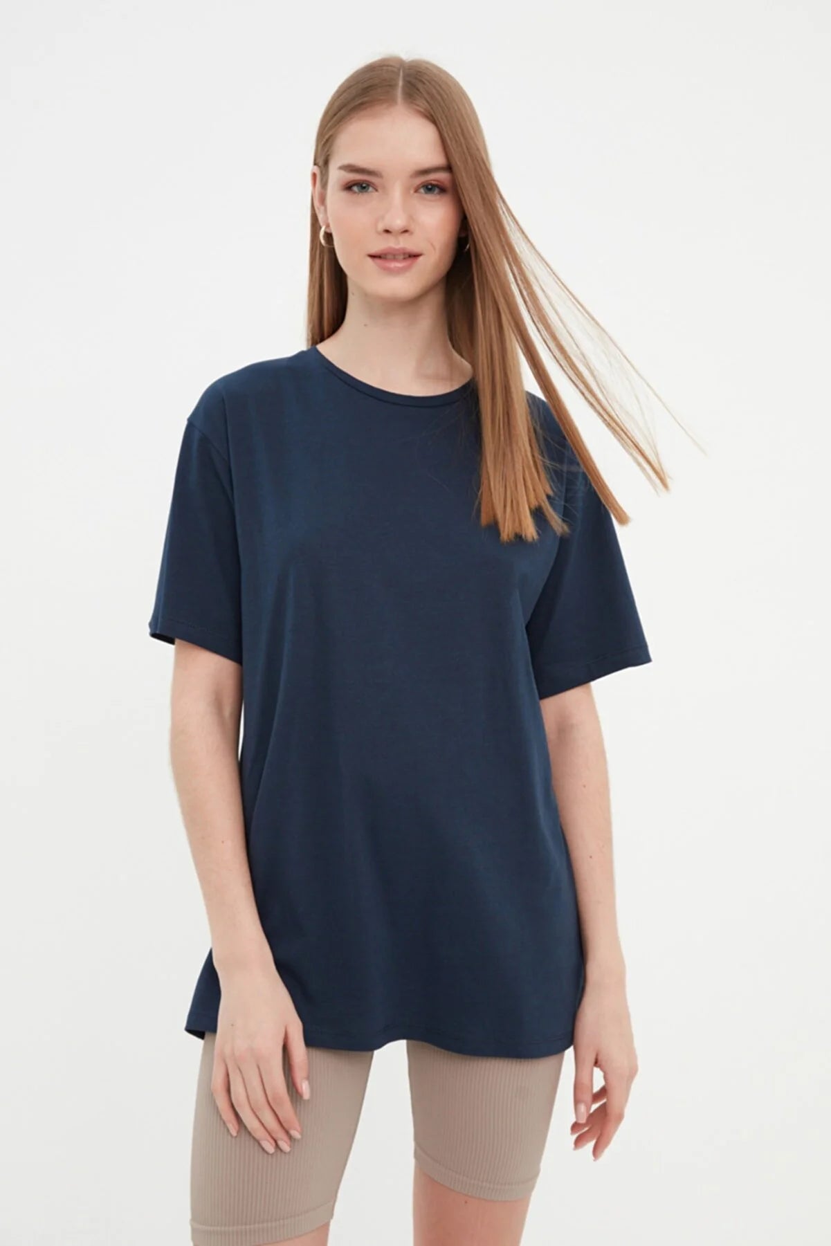 Navy Blue Printed Boyfriend Knitted T-Shirt