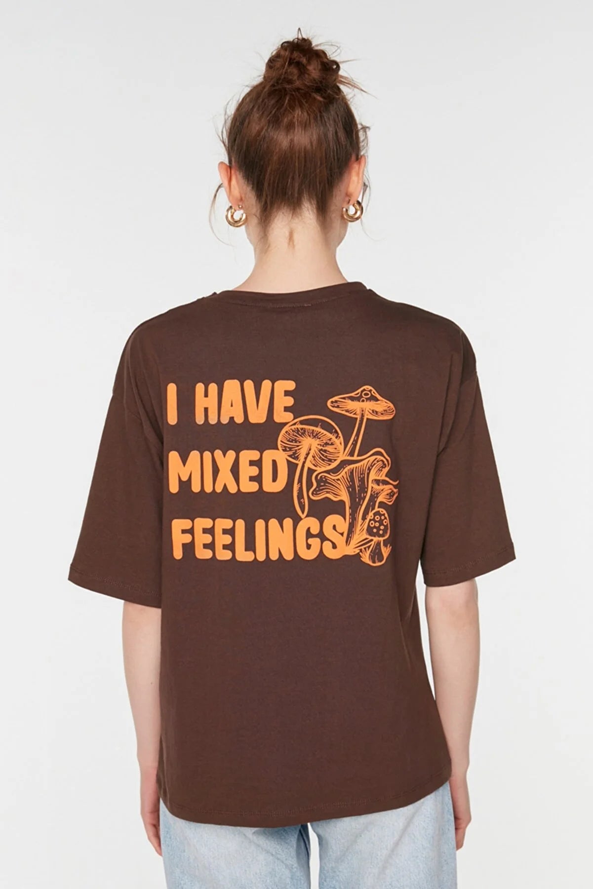 Brown Back Printed Loose Pattern Knitted T-Shirt