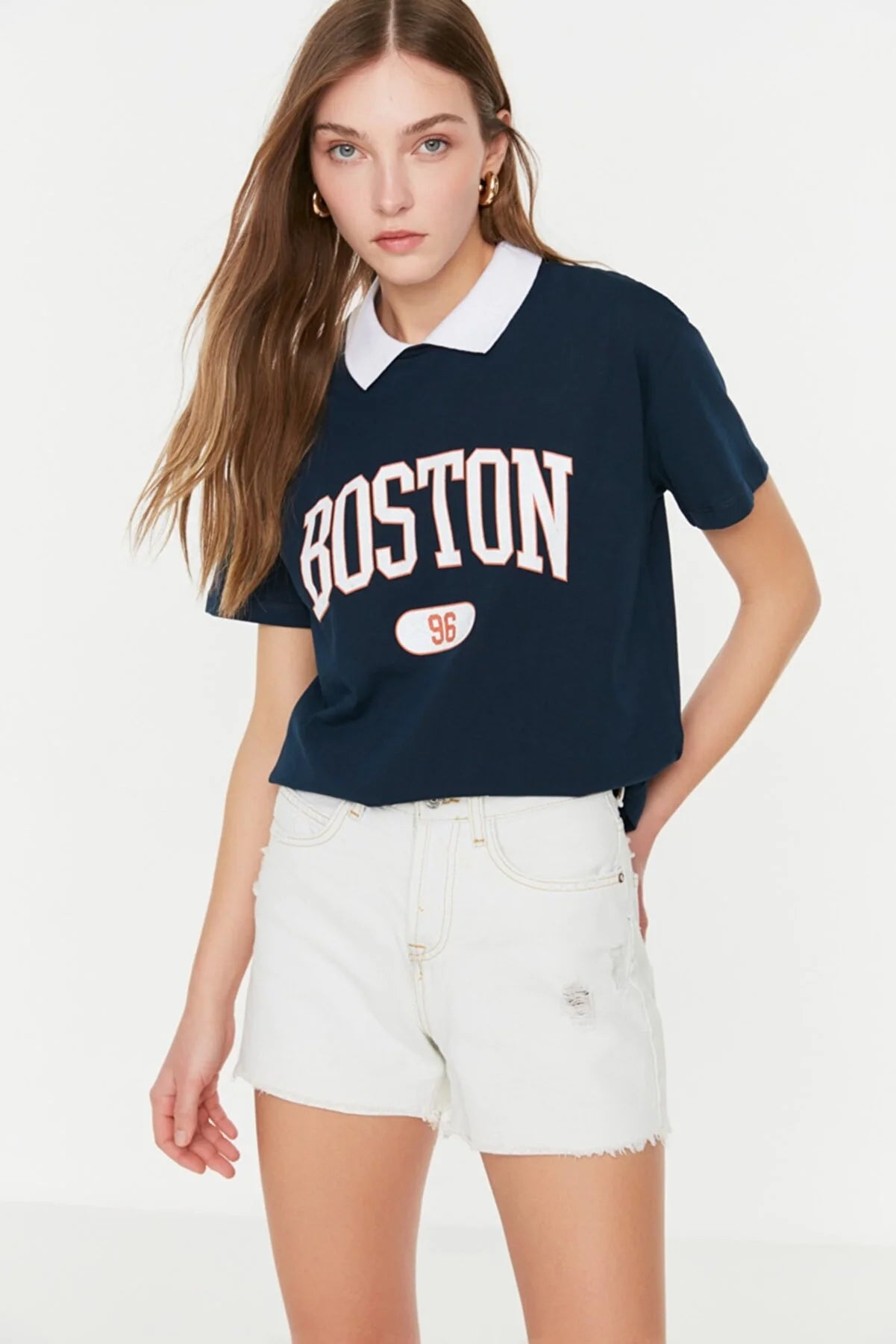 Navy Blue Printed Semi-Fitted Knitted T-Shirt