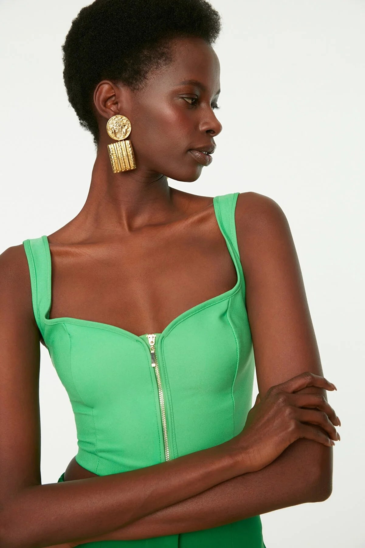 Green Zipper Detailed Blouse