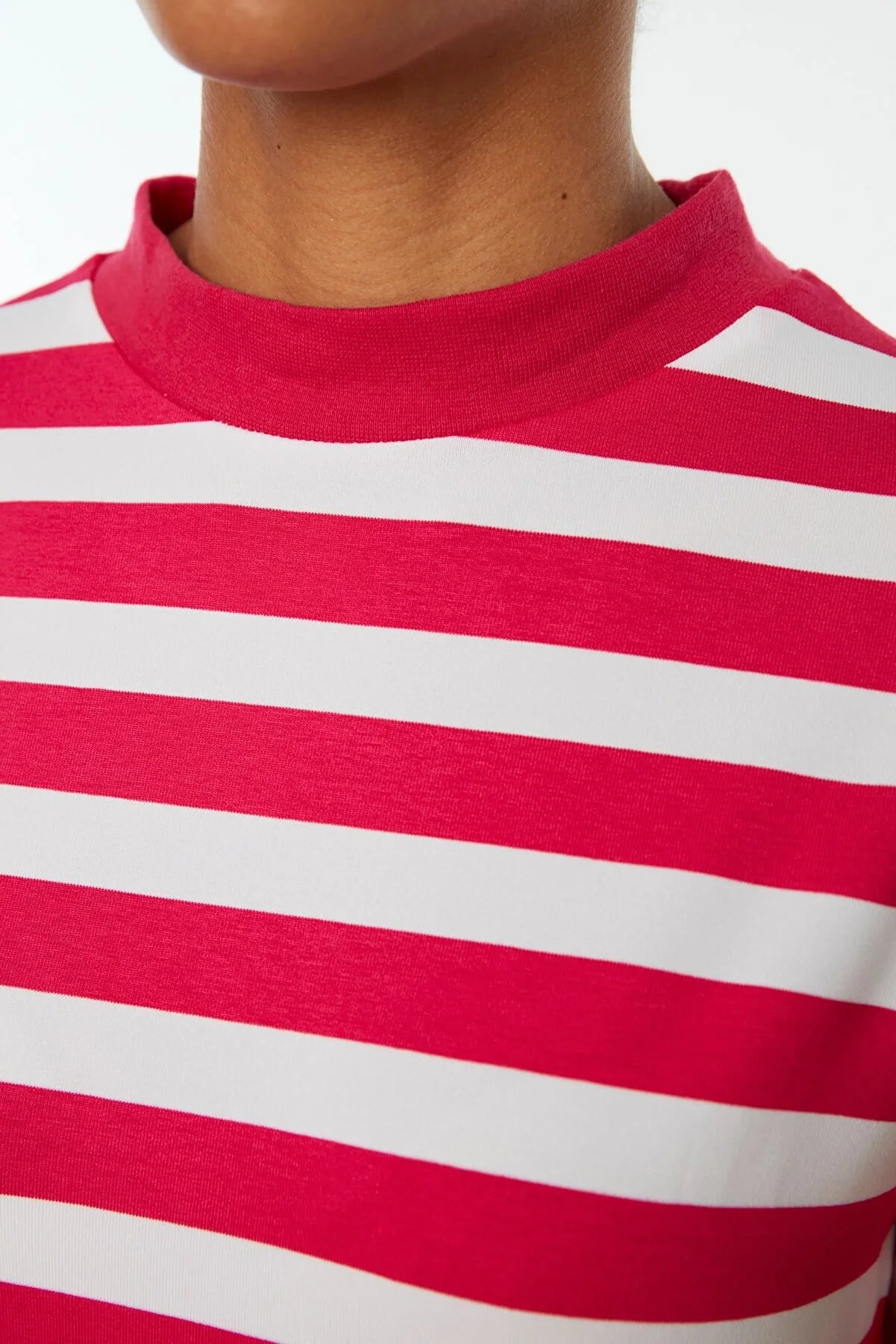 Pink Striped Basic Stand Up Collar Knitted T-Shirt