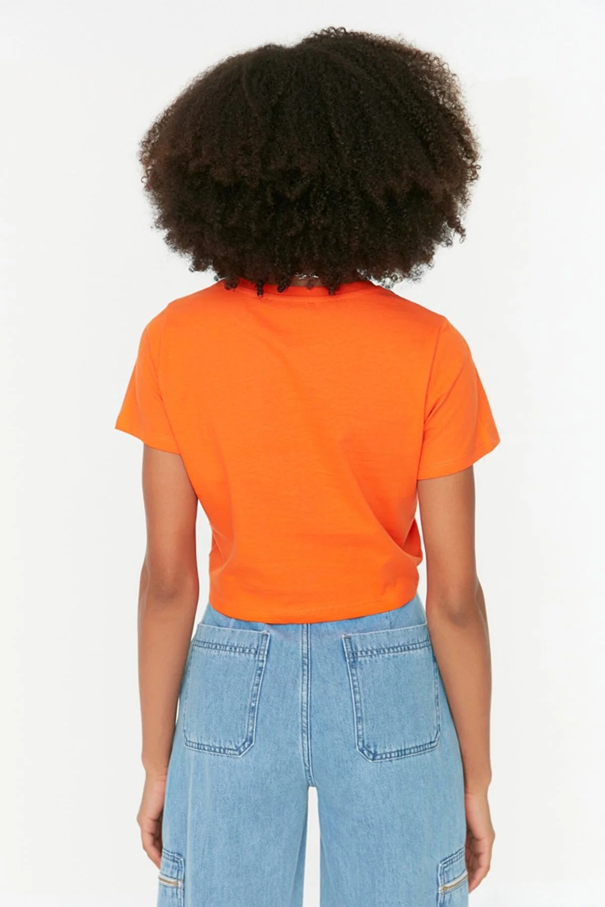 Orange Ruffle Detailed Crop Knitted T-Shirt