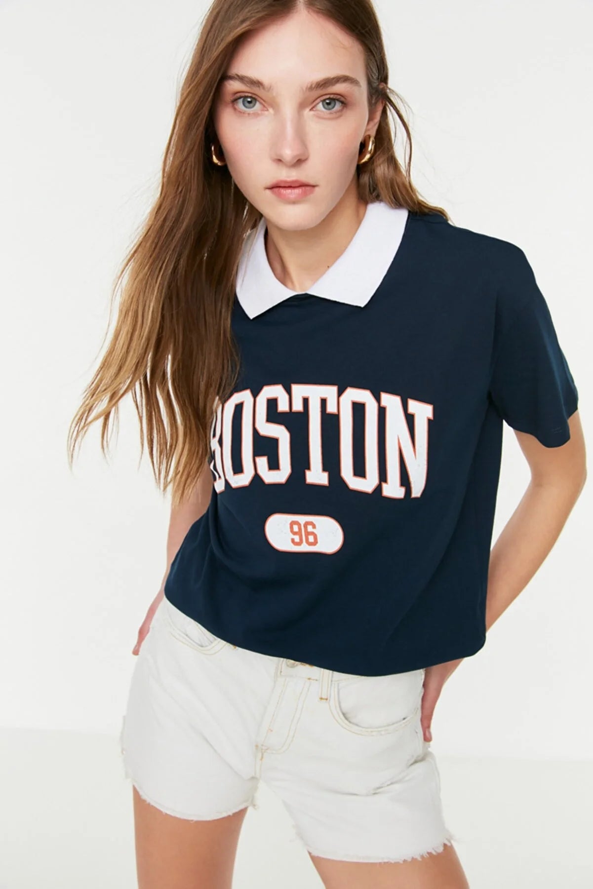 Navy Blue Printed Semi-Fitted Knitted T-Shirt