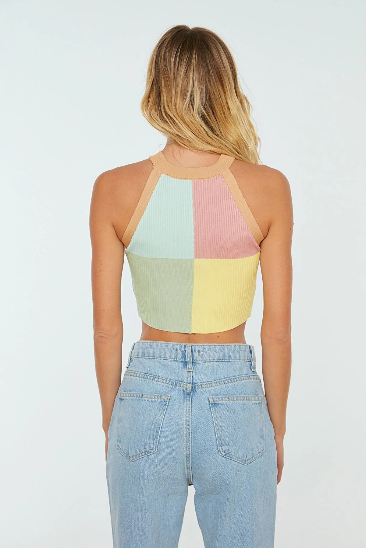 Yellow Color Block Crop Knitwear Blouse