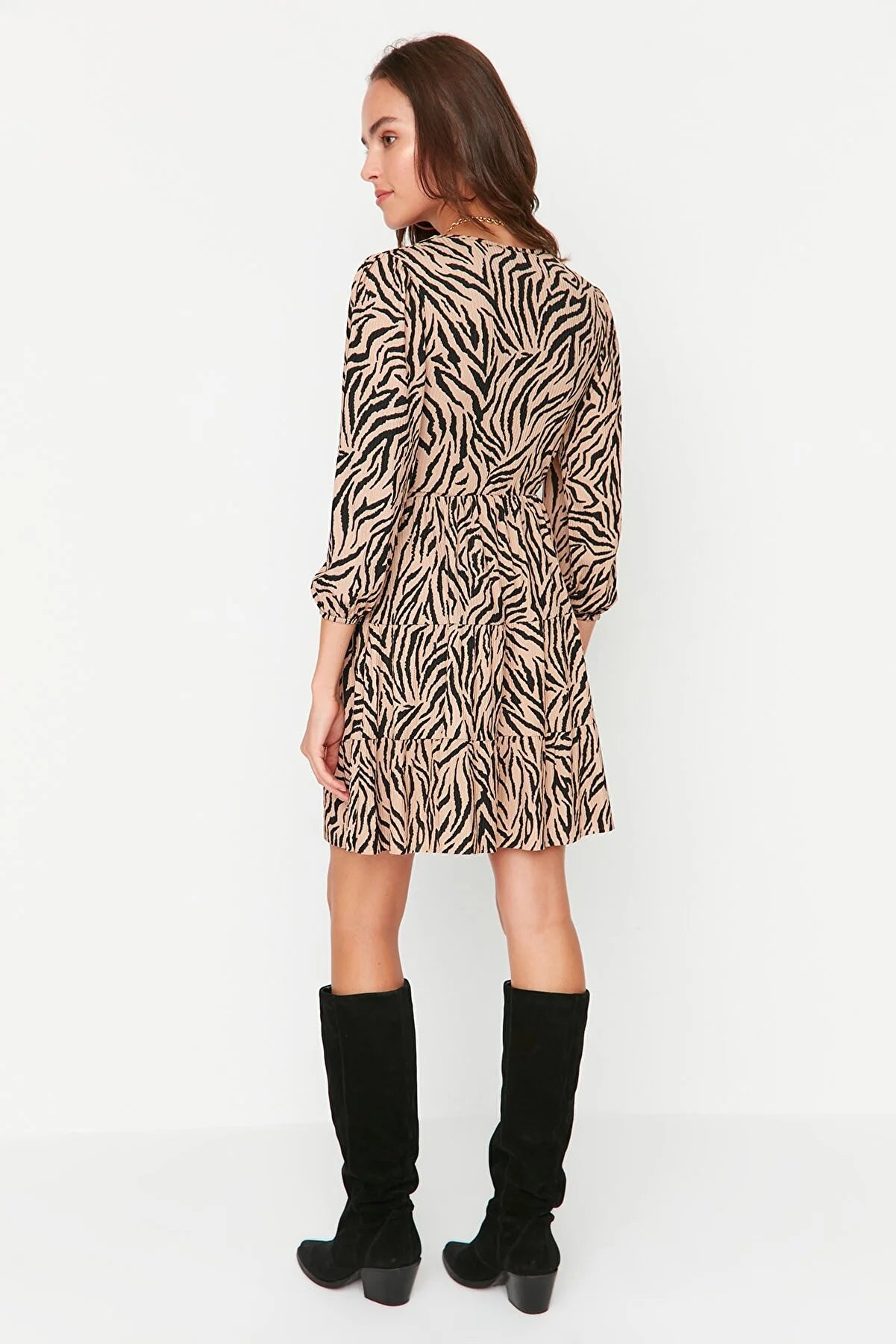 Brown Leopard Patterned Double Breasted Knitted Dress