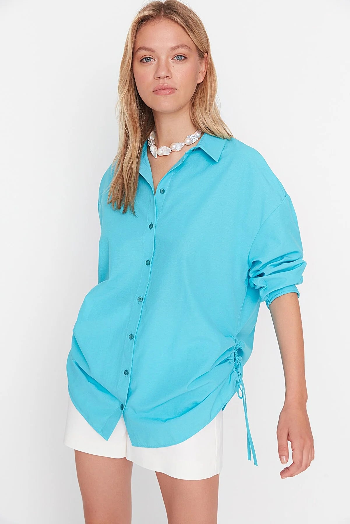 Turquoise Pleated Woven Beach Shirt