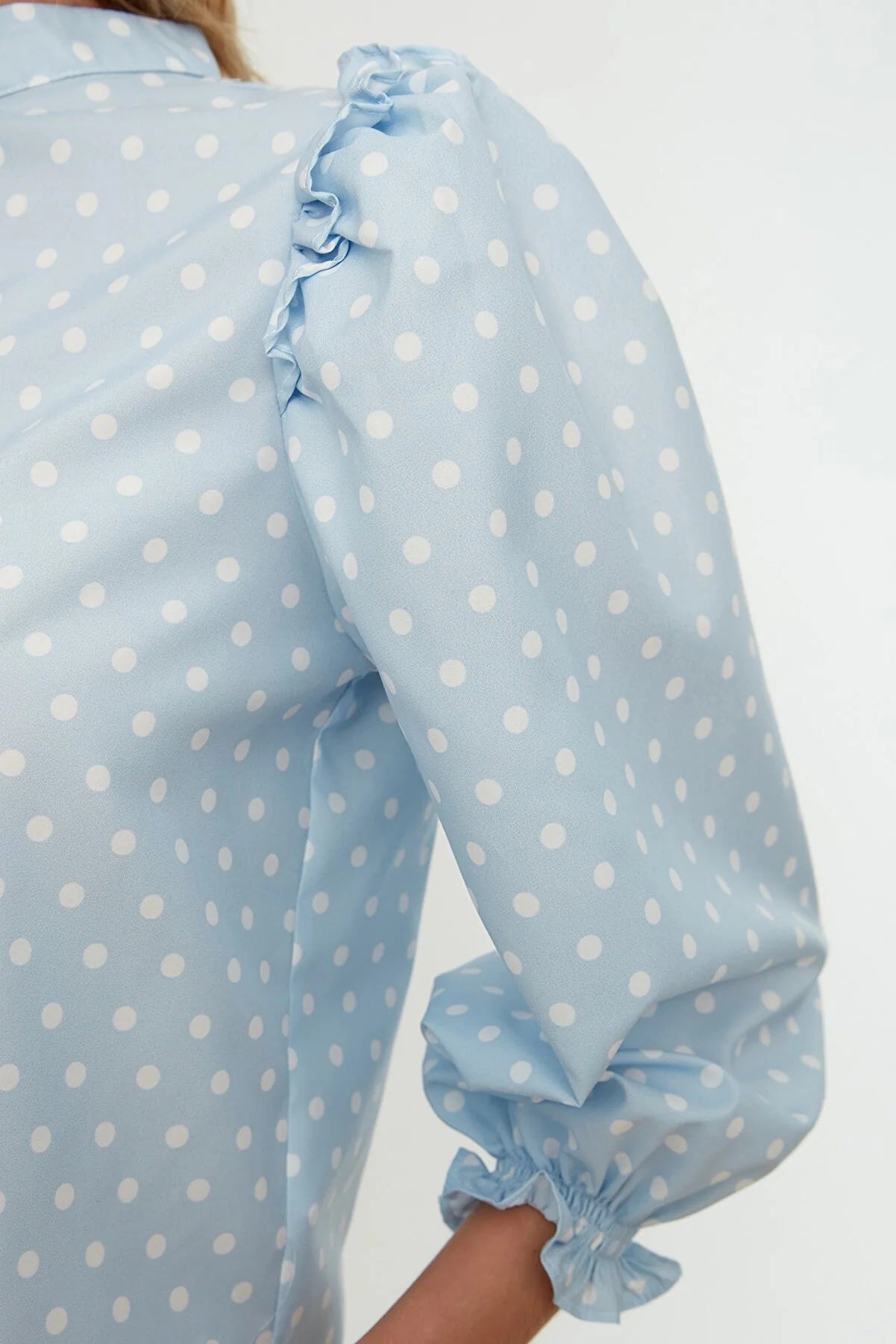 Blue Polka Dot Collar Balloon Sleeve Blouse